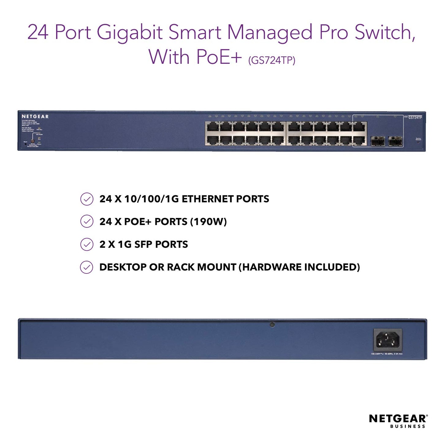 NETGEAR 24-Port Gigabit Ethernet Smart Managed Pro PoE Switch (GS724TP) - with 24 x PoE+ @ 190W, 2 x 1G SFP, Desktop/Rackmount, and ProSAFE Limited Lifetime Protection