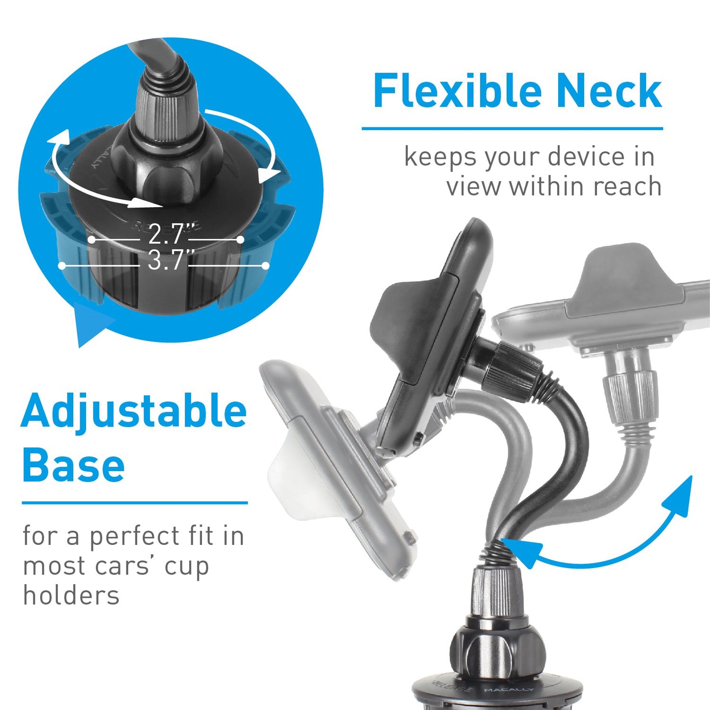 Macally Car Cup Holder Phone Mount with Longer Neck and 360 Rotatable Cradle for iPhone X XS Max XR 8 Plus 7 7Plus 6s 6 Se, Samsung Galaxy S8 S7 Edge S6 Note 5, Smartphones, GPS etc.(MCUPXL)