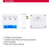 CyberPower P3WUH Multi-Hue Lighted Power Wall Tap, 3 Outlets, 4 USB Charge Ports