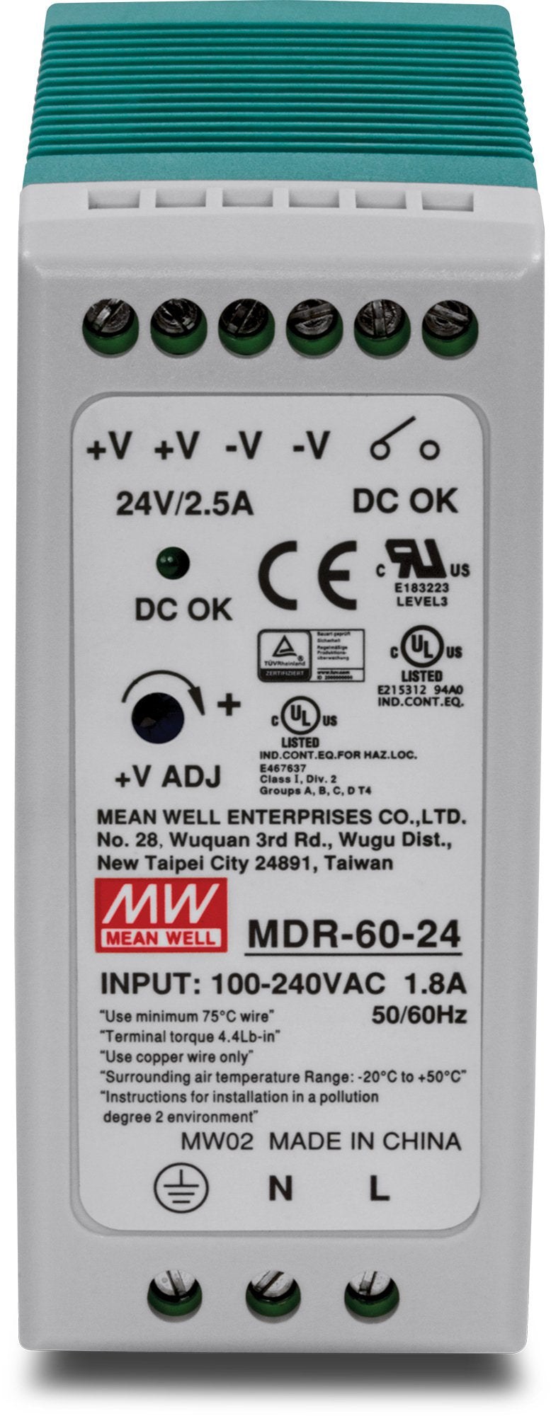TRENDnet 60 W Single Output Industrial DIN-Rail Power Supply, Universal AC Input, Extreme -20 to 70 °C (-4 to 158 °F) Operating Temp, TI-M6024