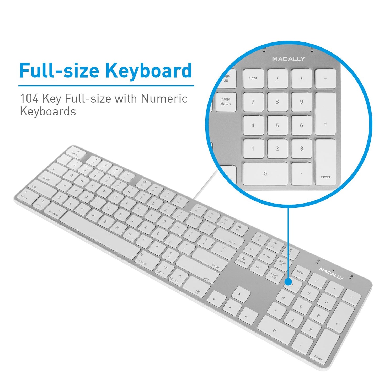 Macally Ultra-Slim USB Wired Keyboard with Number Keypad for Apple Mac Pro, MacBook Pro/Air, iMac, Mac Mini, Laptop Computers, Windows Desktop PC Laptops, Silver (SLIMKEYPROA)