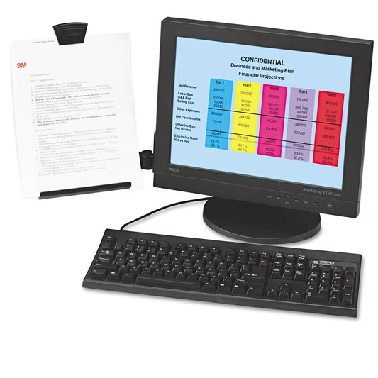 3M Monitor Mount Document Copy Holder, Holds Documents at Eye Level Off the Desk, Adjustable Clip Holds Paper in Portrait or Landscape, Mounts with Command Adhesive, 35 Sheet Capacity, Black (DH445)