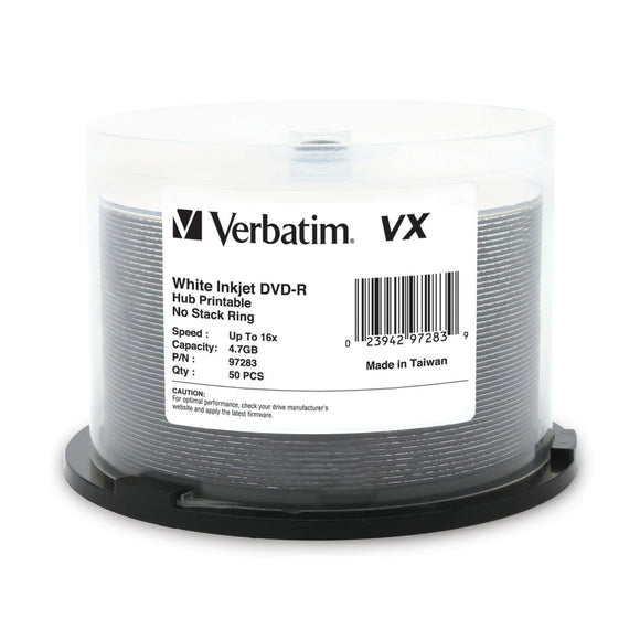 Verbatim 97283 DVD-R 4.7GB 16X VX White Inkjet Printable, Hub Printable - 50 Pack Spindle