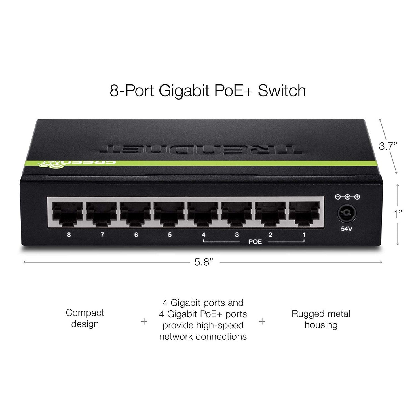 TRENDnet 8-Port Gigabit GREENnet PoE+ Switch,TPE-TG44G, 4 x Gigabit PoE/PoE+ Up to 30 Watts/Port, 4 x Gigabit, 61W Power Budget, 16 Gbps Switch Capacity, Ethernet Unmanaged Switch, Lifetime Protection