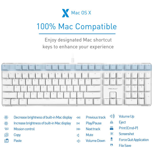Macally Backlit Mechanical Keyboard for Mac - USB Wired Full Size - Compatible with Apple Mac Mini, Mac Pro, iMac, iMac Pro, MacBook Pro Air - Brown Switches