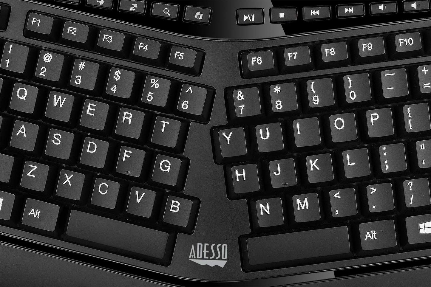 Adesso WKB-4500UB - Wireless Ergonomic Desktop Touchpad Keyboard, Split Keys Design, Palm Rest, Media Control Hotkeys, Long Battery Life - Compatible for Laptop/Desktop/PC/Windows XP/7/8/10