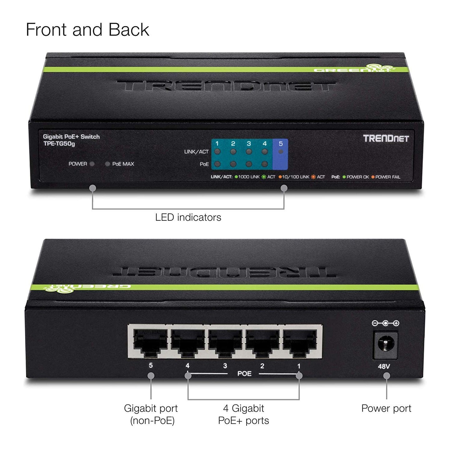 TRENDnet 5-Port Gigabit PoE+ Switch, 31 W PoE Budget, 10 Gbps Switching Capacity, Plug & Play, Ethernet Network Switch, Data & Power through Ethernet to PoE Access Points and IP Cameras, Full & Half Duplex, TPE-TG50g