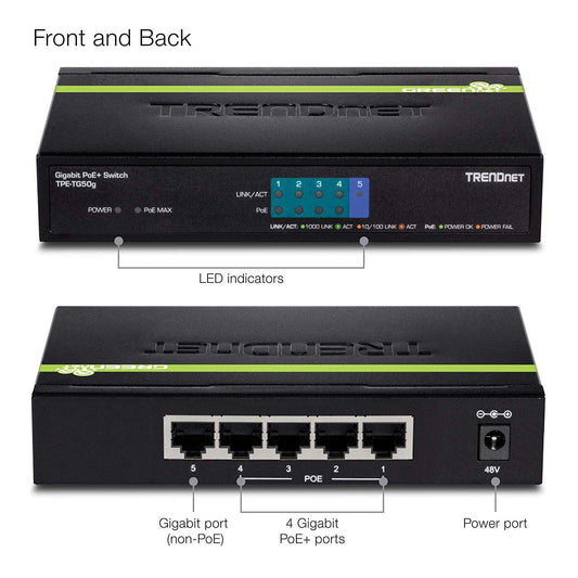 TRENDnet 5-Port Gigabit PoE+ Switch, 31 W PoE Budget, 10 Gbps Switching Capacity, Plug & Play, Ethernet Network Switch, Data & Power through Ethernet to PoE Access Points and IP Cameras, Full & Half Duplex, TPE-TG50g