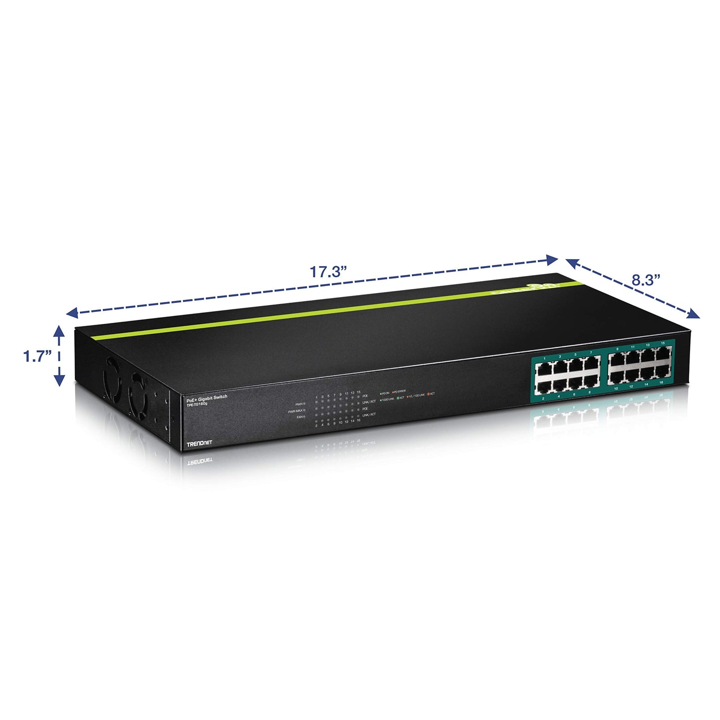 TRENDnet 16-Port Gigabit PoE+ Switch, 16 x Gigabit PoE+ Ports, TPE-TG160g, 246W PoE Power Budget, 32 Gbps Switching Capacity, Desktop Switch, Ethernet Network Switch, Metal, Lifetime Protection