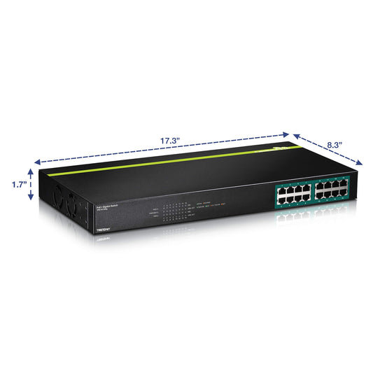 TRENDnet 16-Port Gigabit PoE+ Switch, 16 x Gigabit PoE+ Ports, TPE-TG160g, 246W PoE Power Budget, 32 Gbps Switching Capacity, Desktop Switch, Ethernet Network Switch, Metal, Lifetime Protection
