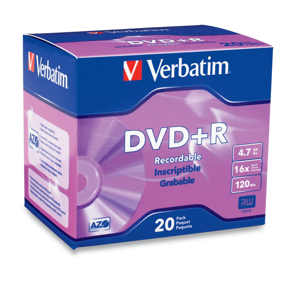 Verbatim 95038 DVD Recordable Media -DVD+R -16x -4.70 GB -20 Pack Slim Case -2 Hour Maximum Recording Time