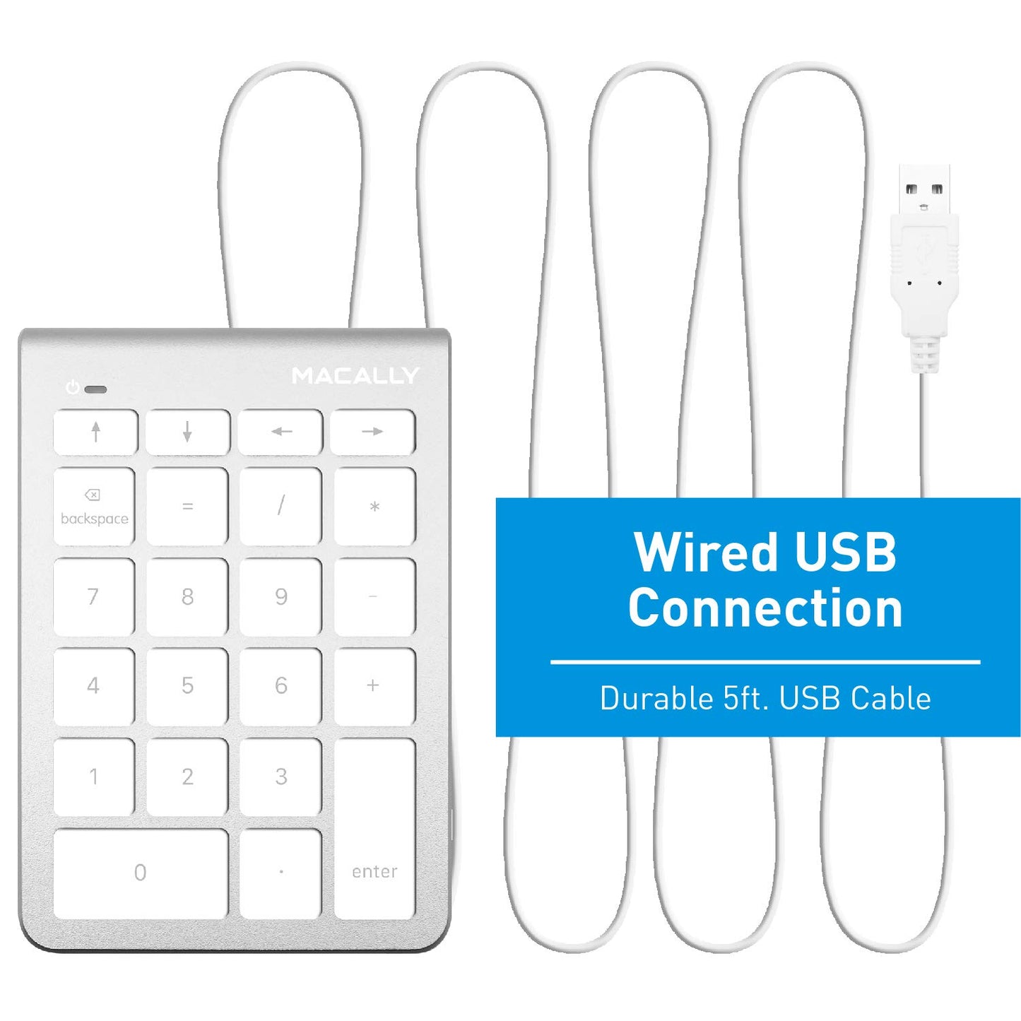 Macally Wired USB Numeric Keypad Keyboard for Laptop, Apple Mac iMac MacBook Pro/Air, Windows PC, or Desktop Computer with 5 Foot Cable & 22 Key Slim Number Pad Numerical Numpad - Silver (NUMKEY22)