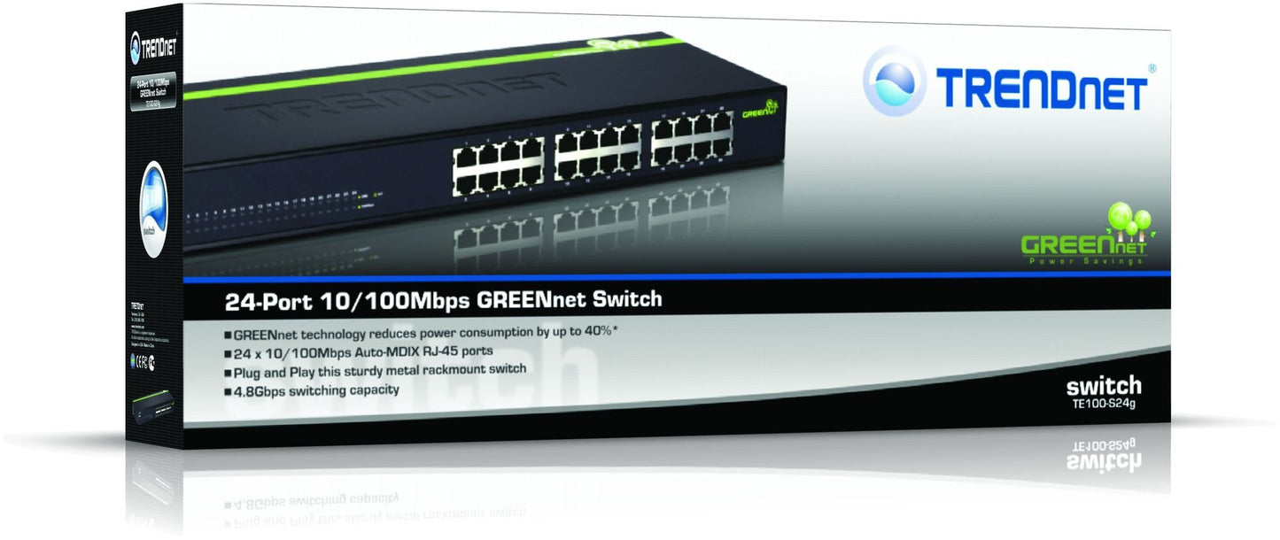 TRENDnet 24-Port Unmanaged 10/100 Mbps GREENnet Ethernet Rack-Mount Metal Housing Switch, TE100-S24g