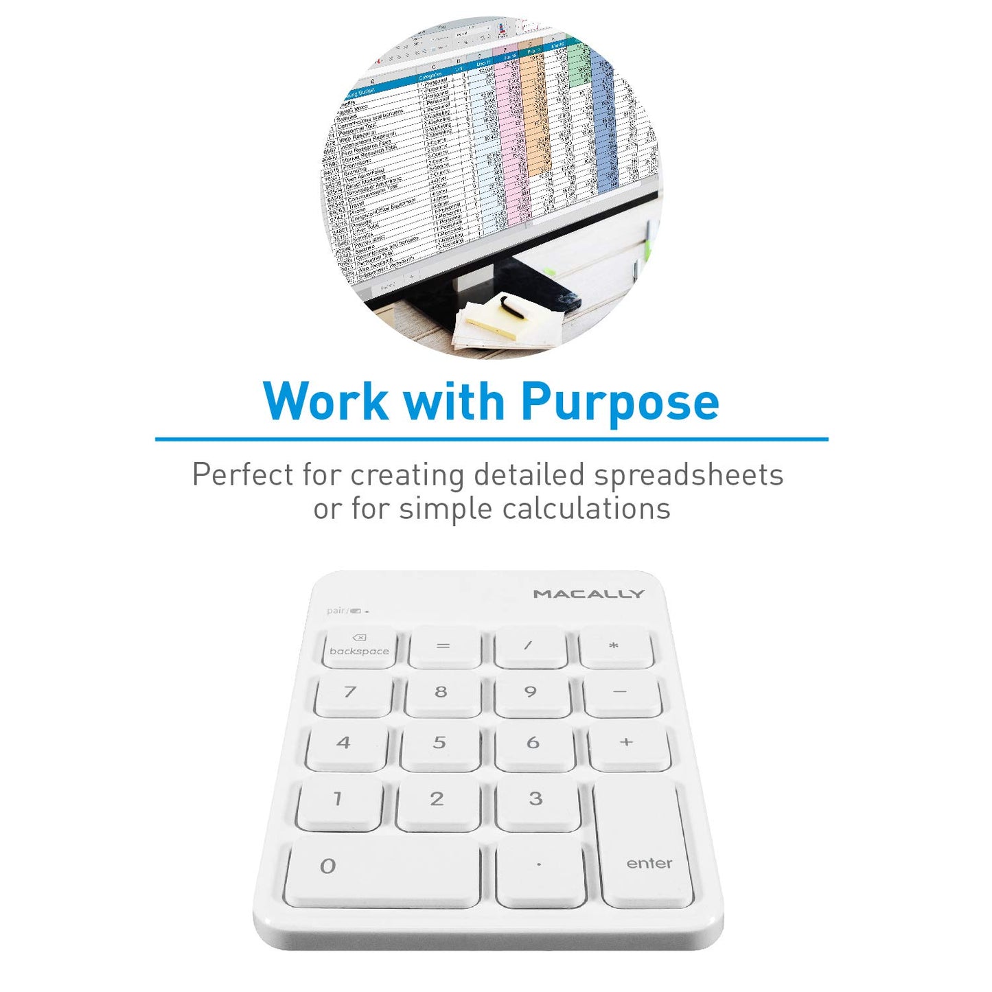 Macally Wireless Bluetooth Numeric Keypad Keyboard for Laptop, Apple Mac iMac MacBook Pro/Air, iPad Windows PC, Tablet, or Desktop Computer Rechargeable 18 Key Slim Number Pad Numerical Numpad - White