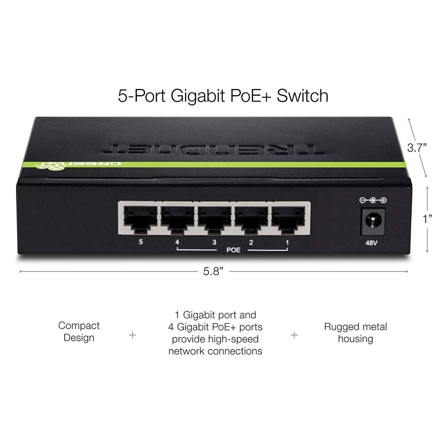 TRENDnet 5-Port Gigabit PoE+ Switch, 31 W PoE Budget, 10 Gbps Switching Capacity, Plug & Play, Ethernet Network Switch, Data & Power through Ethernet to PoE Access Points and IP Cameras, Full & Half Duplex, TPE-TG50g