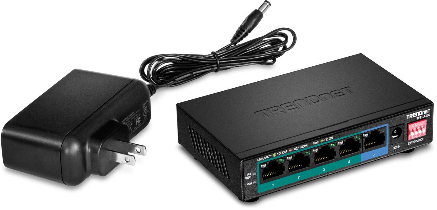TRENDnet 5-Port Gigabit Long Range PoE+ Switch, TPE-LG50, 4 x PoE+ Ports, 1 x Gigabit Port, Camera DIP Switch extends PoE+ 200m (656 ft.), Lifetime Protection