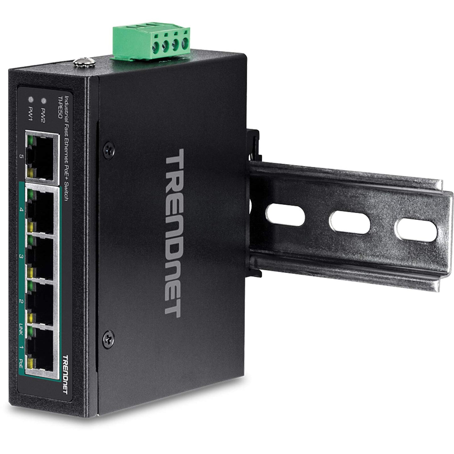 TRENDnet 5-Port Industrial Fast Ethernet PoE+ DIN-Rail Switch, 4 X Fast Ethernet PoE+ Ports, 1 X Fast Ethernet Port, 90W PoE Power Budget, 1 Gbps Switch Capacity