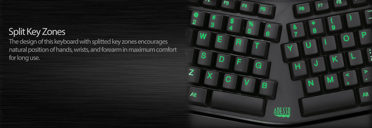 Adesso AKB-150EB - 3-Color Illuminated Backlit Large Print Ergonomic Keyboard, Wired, Multimedia Hotkeys, Split Keys Design, Built-in Palm Rest for Comfort - Compatible for PC & Windows XP/7/8/10