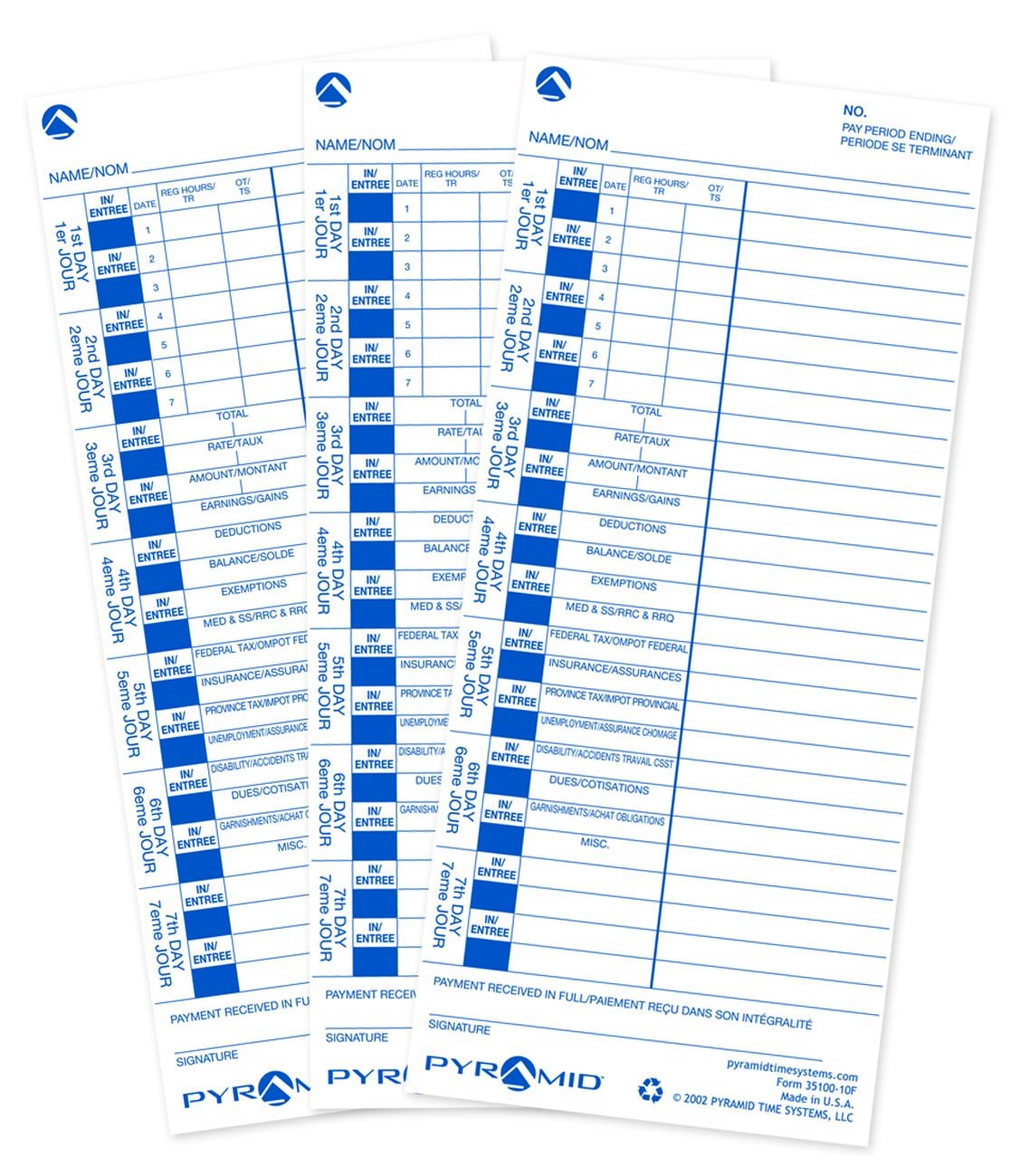 Pyramid English/French  Genuine Time Cards for 3500, 3550SS, 3600SS and 3700 Clocks, 35100-10F (Pack of 100)