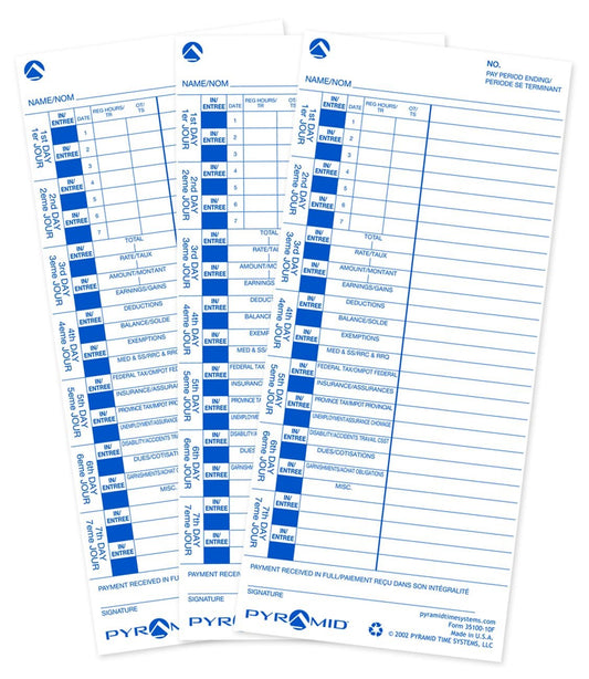 Pyramid English/French  Genuine Time Cards for 3500, 3550SS, 3600SS and 3700 Clocks, 35100-10F (Pack of 100)
