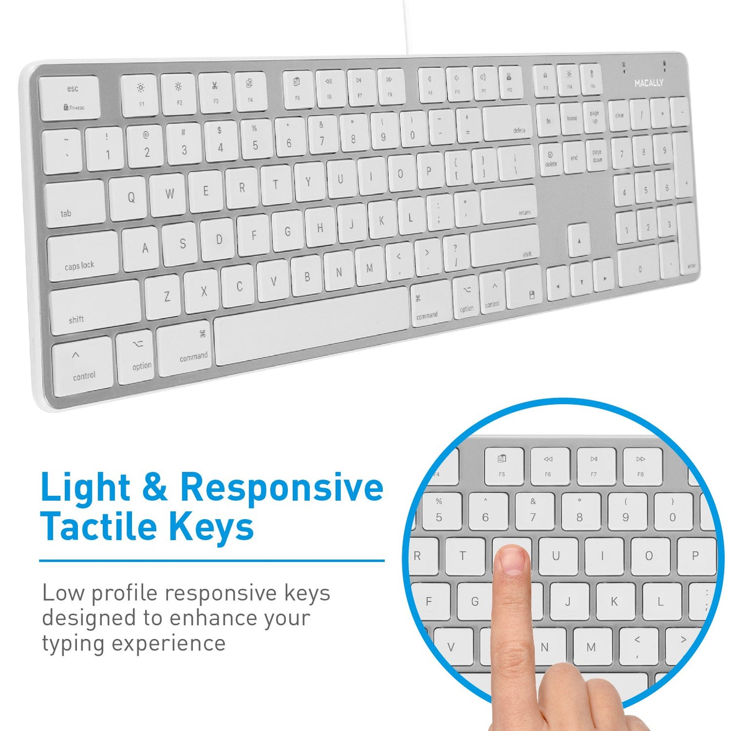 Macally Ultra-Slim USB Wired Keyboard with Number Keypad for Apple Mac Pro, MacBook Pro/Air, iMac, Mac Mini, Laptop Computers, Windows Desktop PC Laptops, Silver (SLIMKEYPROA)