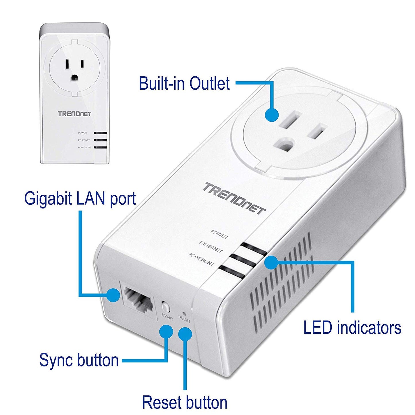 TRENDnet Powerline 1300 AV2 Adapter with Built-in Outlet Adapter Kit, Includes 2 x TPL-423E Adapters, IEEE 1905.1 & IEEE 1901, Gigabit Port, Range Up to 300m (984 ft.), TPL-423E2K