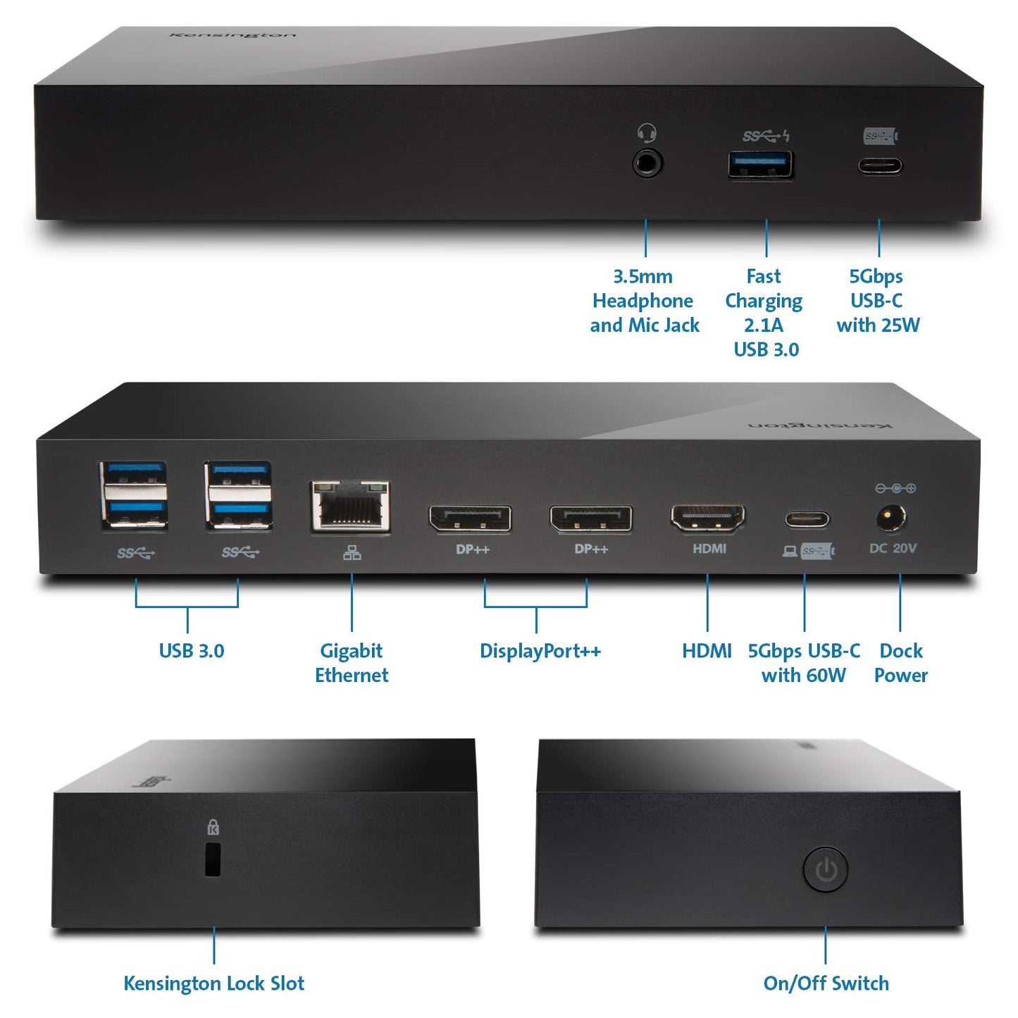 Kensington 38249 SD4800P Universal USB-C Scalable Video Docking Station, 60W PD - DP/DP/HDMI - Windows, Includes USB C Cable and Power Adapter