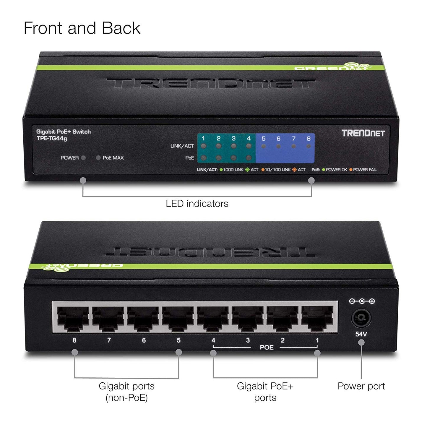 TRENDnet 8-Port Gigabit GREENnet PoE+ Switch,TPE-TG44G, 4 x Gigabit PoE/PoE+ Up to 30 Watts/Port, 4 x Gigabit, 61W Power Budget, 16 Gbps Switch Capacity, Ethernet Unmanaged Switch, Lifetime Protection