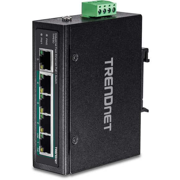 TRENDnet 5-Port Industrial Fast Ethernet PoE+ DIN-Rail Switch, 4 X Fast Ethernet PoE+ Ports, 1 X Fast Ethernet Port, 90W PoE Power Budget, 1 Gbps Switch Capacity