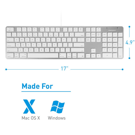 Macally Ultra-Slim USB Wired Keyboard with Number Keypad for Apple Mac Pro, MacBook Pro/Air, iMac, Mac Mini, Laptop Computers, Windows Desktop PC Laptops, Silver (SLIMKEYPROA)