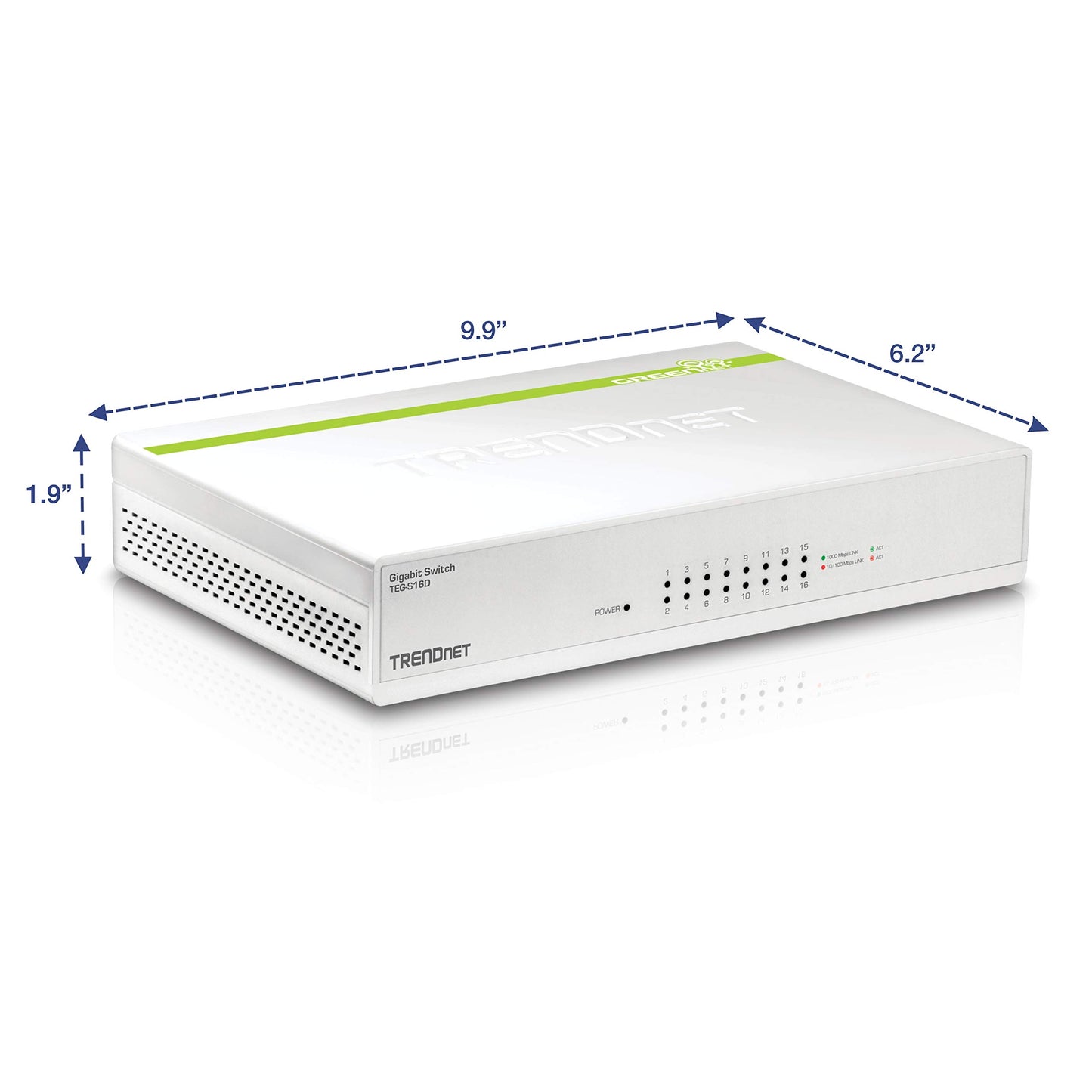 TRENDnet 16-Port Gigabit GREENnet Switch, Polycarbonate, QoS, 32 Gbps Switching Fabric, Fanless, Plug & Play, Half & Full Duplex, TEG-S16D