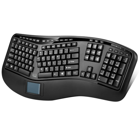 Adesso WKB-4500UB - Wireless Ergonomic Desktop Touchpad Keyboard, Split Keys Design, Palm Rest, Media Control Hotkeys, Long Battery Life - Compatible for Laptop/Desktop/PC/Windows XP/7/8/10