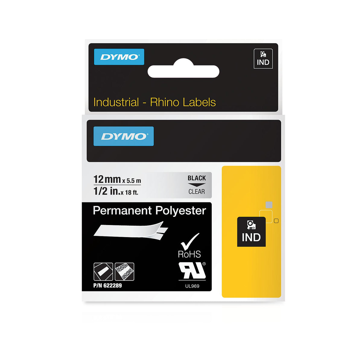 DYMO RhinoPRO Labeller Tape, Permanent Polyester Tape Cassette 1/2" x 18', Box of 1, Black on Clear (622289)