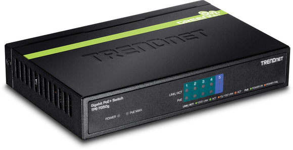 TRENDnet 5-Port Gigabit PoE+ Switch, 31 W PoE Budget, 10 Gbps Switching Capacity, Plug & Play, Ethernet Network Switch, Data & Power through Ethernet to PoE Access Points and IP Cameras, Full & Half Duplex, TPE-TG50g