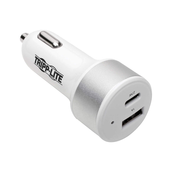 Tripp Lite 2 Port USB Car Charger with PD Charging, USB A & USB C Car Charger, Type C (27W), Type A (5W), iPhone Xs/Max/XR/X/8, Galaxy 10e/S10/S10+/Note9/S9/S9+/Note8/S8/S8, White (U280-C02-C1A1)