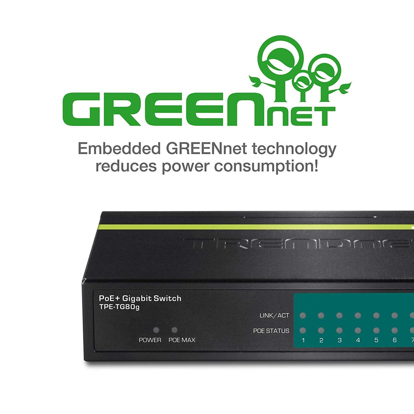 TRENDnet 8-Port Gigabit PoE+ Switch, TPE-TG80G, 8 x Gigabit PoE+ Ports, 123 W PoE Power Budget, 16 Gbps Switching Capacity, Desktop Switch, Ethernet Network Switch, Metal, Lifetime Protection