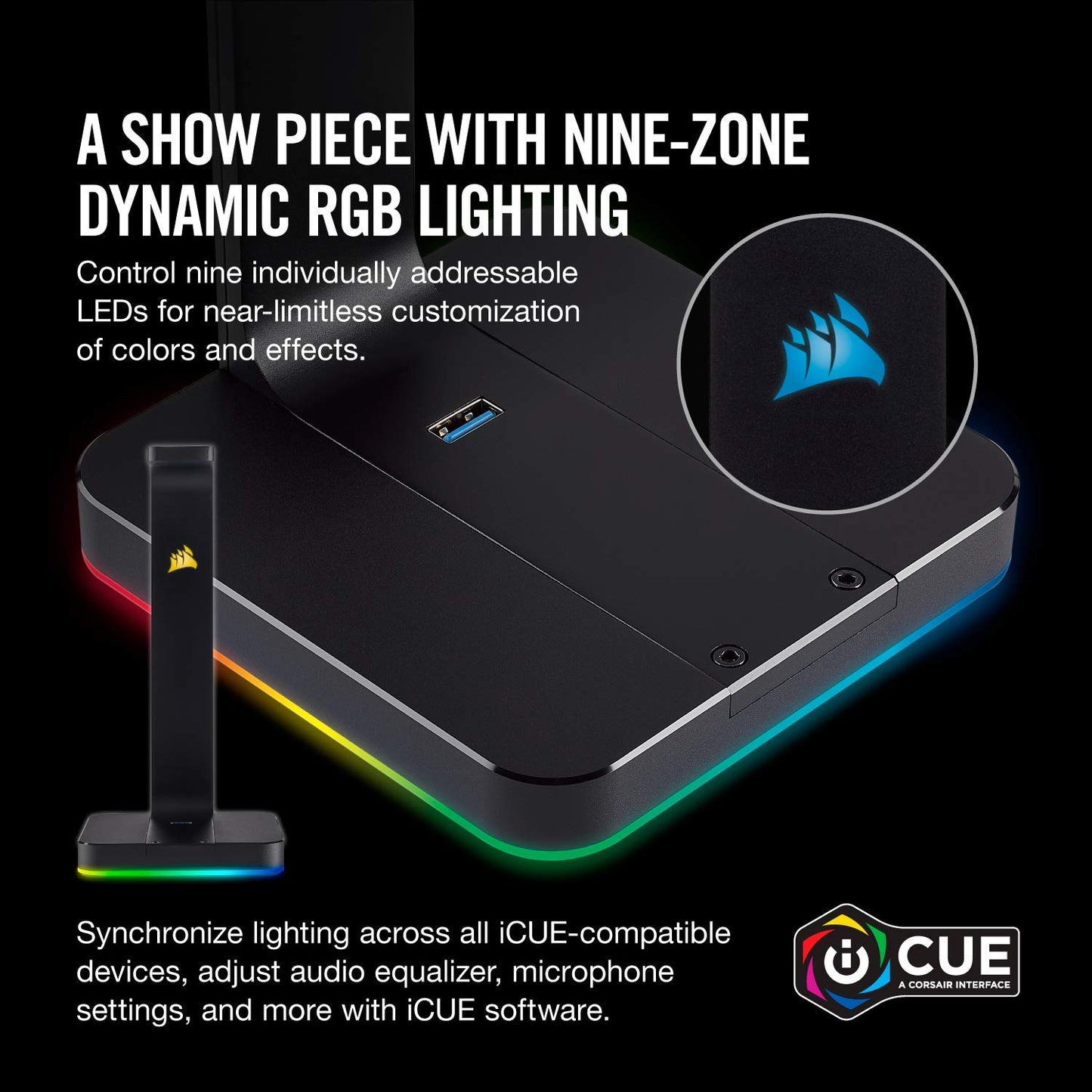 CORSAIR ST100 RGB Premium Headset Stand with 7.1 Surround Sound - 3.5mm and 2xUSB 3.0
