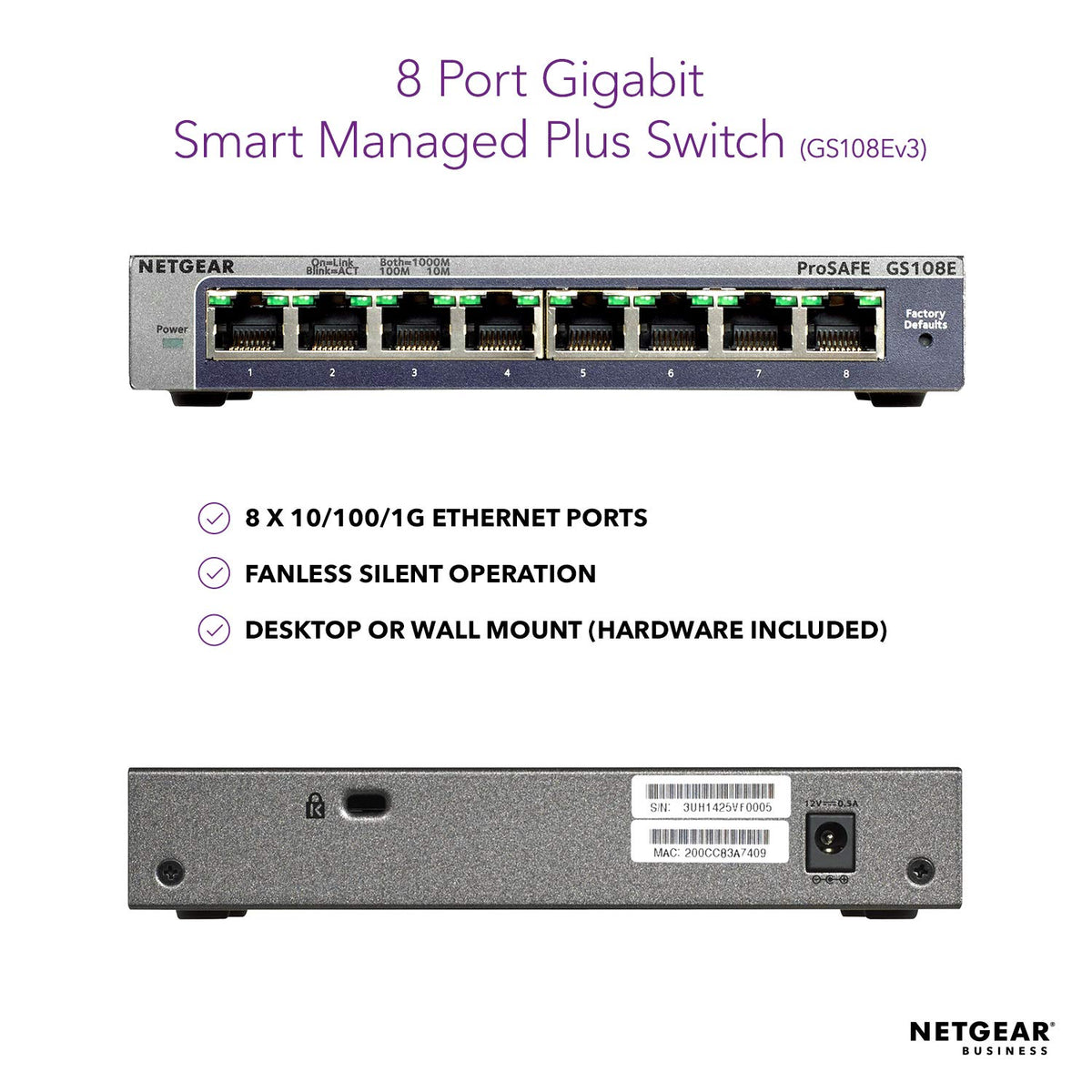 NETGEAR 8-Port Gigabit Ethernet Smart Managed Plus Switch (GS108Ev3) - Desktop, and ProSAFE Lifetime Protection