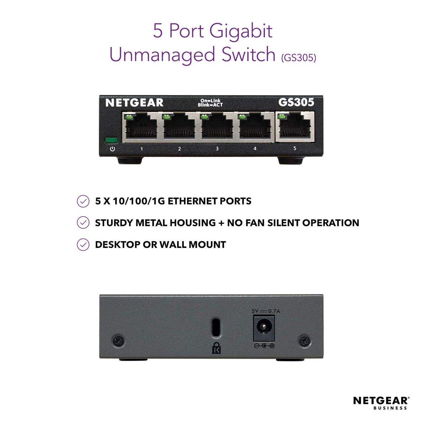 NETGEAR 5-Port Gigabit Ethernet Unmanaged Switch (GS305) - Desktop, Sturdy Metal Fanless Housing