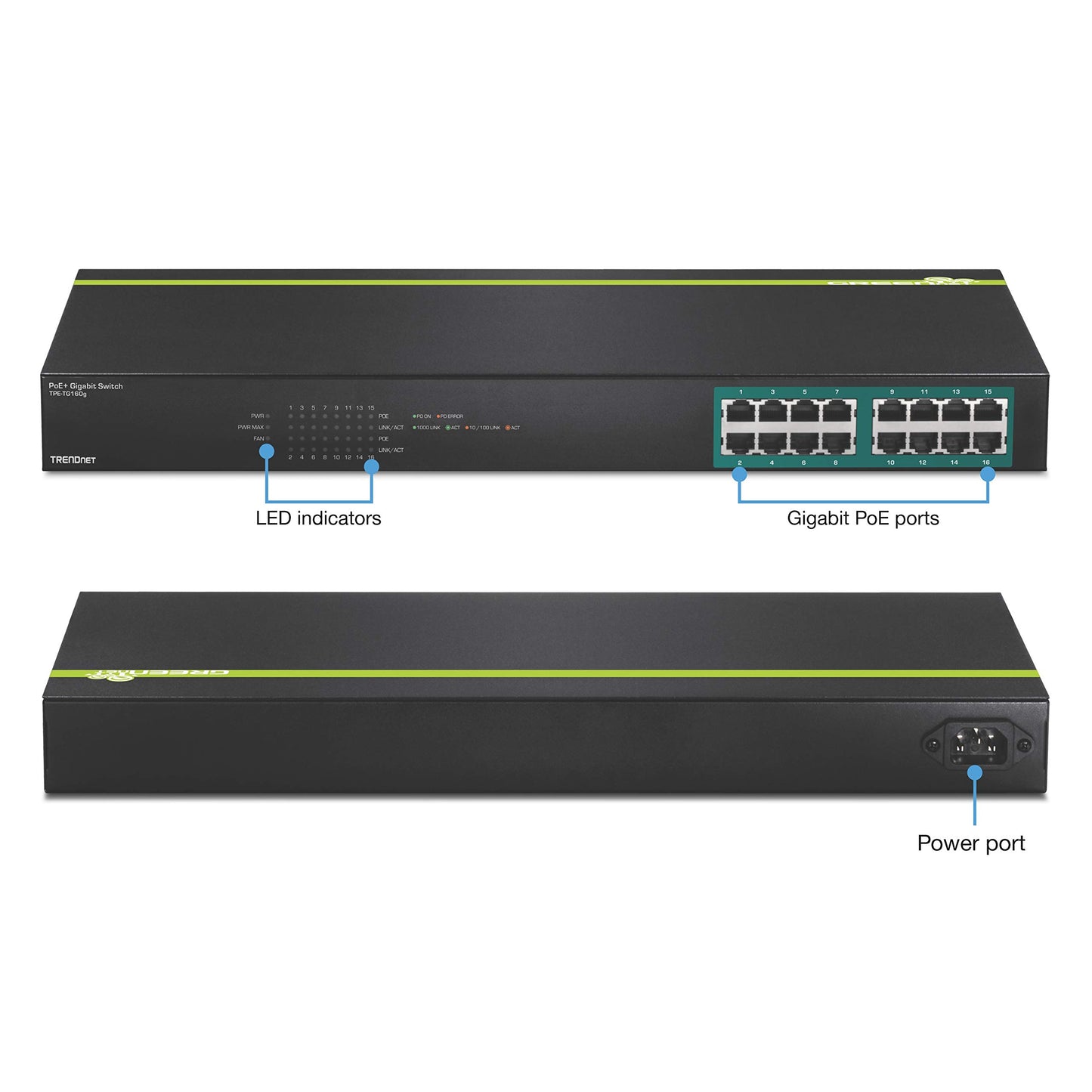 TRENDnet 16-Port Gigabit PoE+ Switch, 16 x Gigabit PoE+ Ports, TPE-TG160g, 246W PoE Power Budget, 32 Gbps Switching Capacity, Desktop Switch, Ethernet Network Switch, Metal, Lifetime Protection