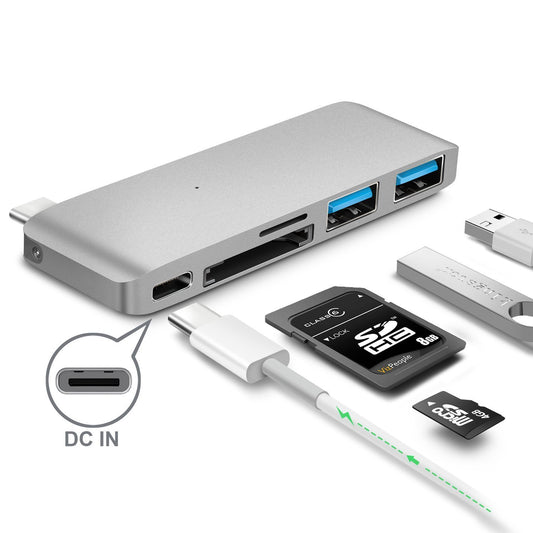 Type-C Hub with Power Delivery 2 superspeed USB 3.0 ports, 1 SD memory port, 1 microSD memory port for MacBook, Aluminum Alloy Build