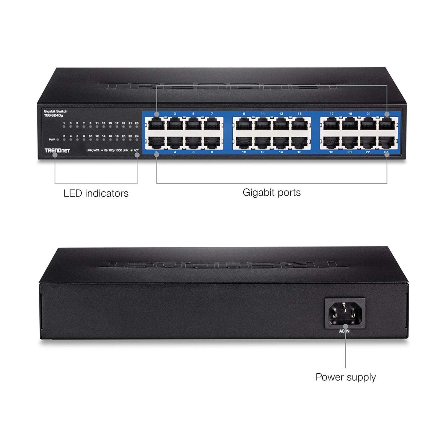TRENDnet 24-Port Unmanaged Gigabit GREENnet Desktop Metal Switch, TEG-S24DG, Ethernet/Network Switch, 24 x 10/100/1000 Gigabit Ethernet RJ-45 Ports, 48 Gbps Switching Capacity, Lifetime Protection