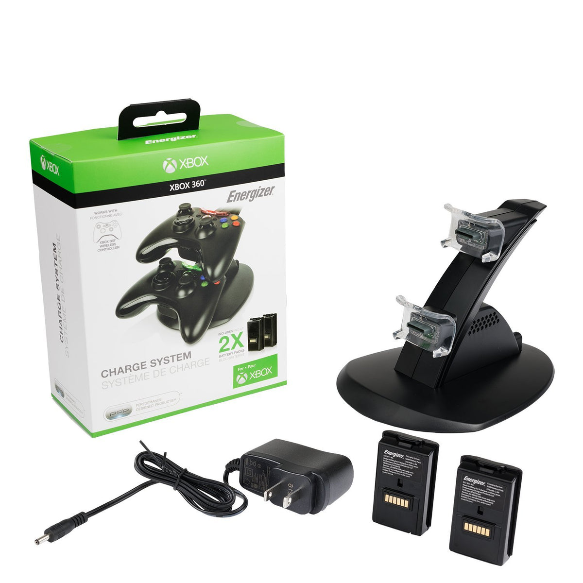 PDP Energizer Xbox 360 Power & Play Controller Charger with Rechargeable Battery Pack for Two Wireless Controllers Charging Station, 037-011-NA