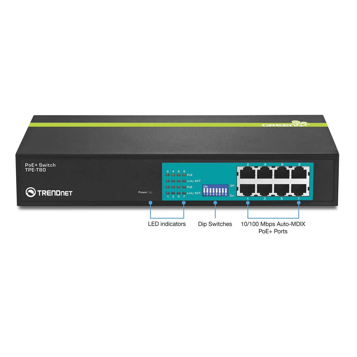 TRENDnet 8-Port 10/100Mbps GREENnet PoE+ Switch, TPE-T80