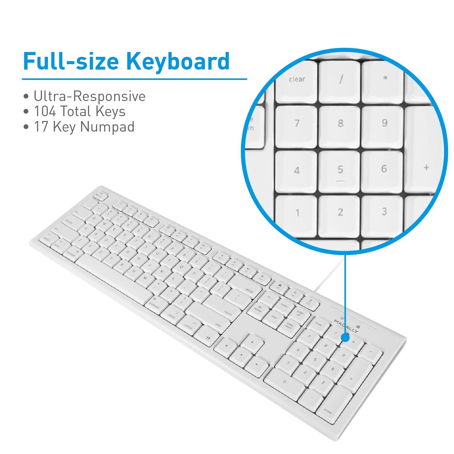 Macally Full Size USB Wired Keyboard & Mouse Combo for Mac Mini Pro, iMac Desktop Computer, MacBook Pro Air Laptops - Mac Compatible Apple Shortcuts, Extended with Number Keypad, Rubber Dome Keycaps