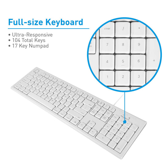 Macally Full Size USB Wired Keyboard & Mouse Combo for Mac Mini Pro, iMac Desktop Computer, MacBook Pro Air Laptops - Mac Compatible Apple Shortcuts, Extended with Number Keypad, Rubber Dome Keycaps