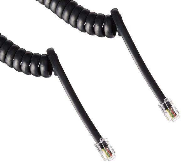 ECore Cables Black Coiled Telephone Handset Cord - 25 Foot Long Length - 1.5 Inch Flat Leader