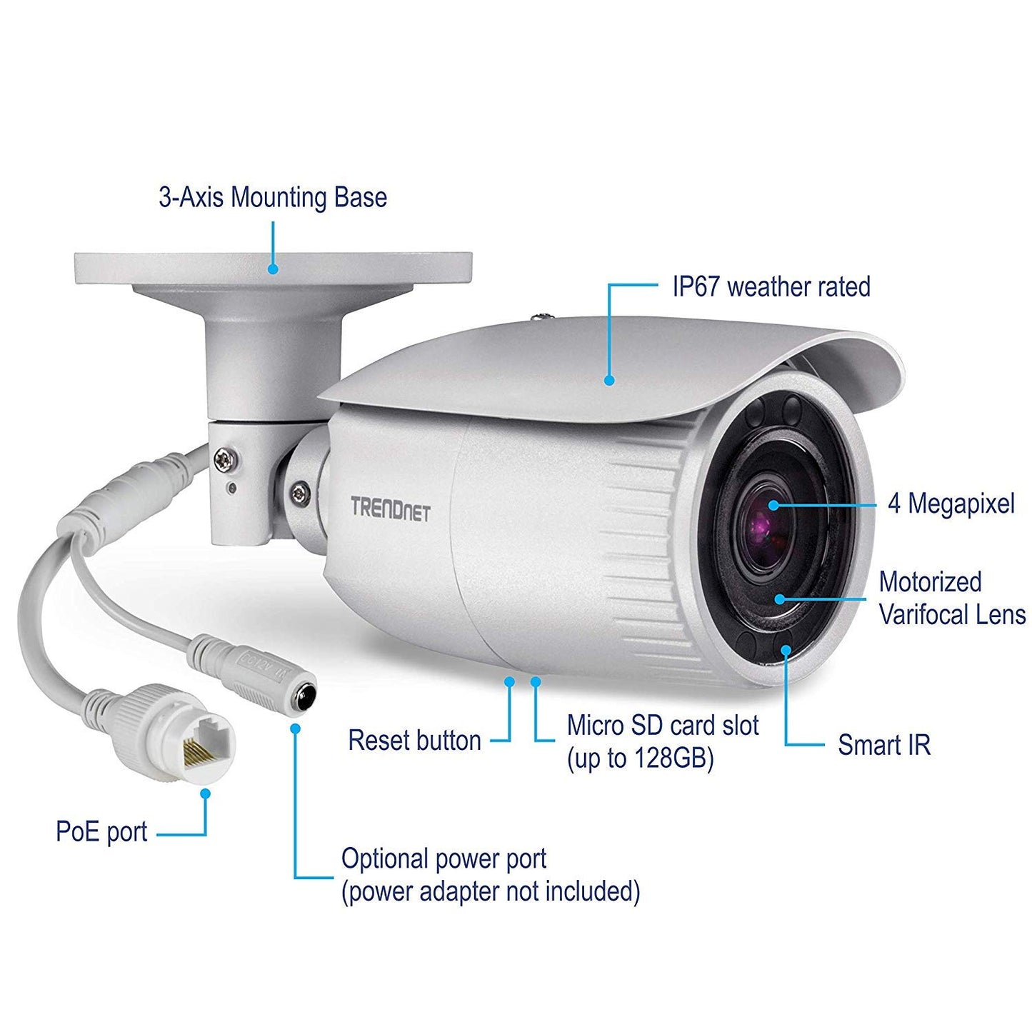 TRENDnet Indoor/Outdoor 4 MP, Motorized Varifocal PoE IR Network Camera, Auto-Focus, Optical Zoom, Digital WDR, Night Vision up to 100ft, IP66 Rated Housing, ONVIF, IPv6, TV-IP344PI