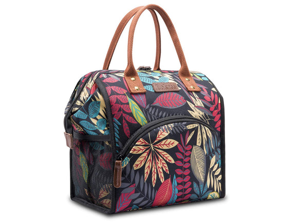 Hisen Waterproof Cooling Insulated Lunch Bag-Black (Plant Pattern)