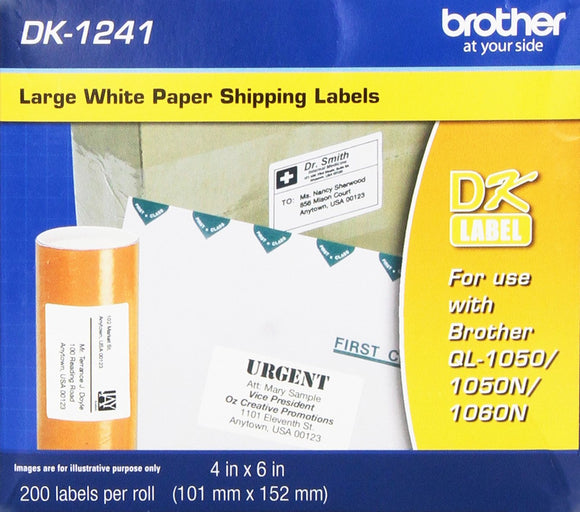 Brother DK1241 Die Cut White Paper Labels4-Inch x 6 Inch200-CountRetail Packaging